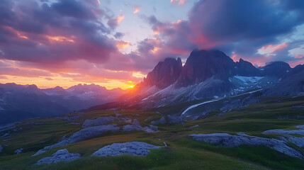 Wall Mural - Majestic 4k time-lapse: stunning sunrise/sunset landscape with moving clouds, nature's breathtaking light show, sunset in the mountains