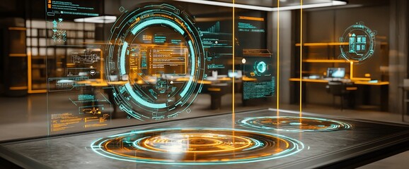 Poster - Futuristic office with holographic displays and interactive interface.