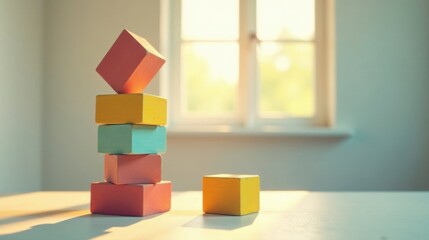 Poster - A stack of colorful wooden blocks sits on a table near a sunlit window