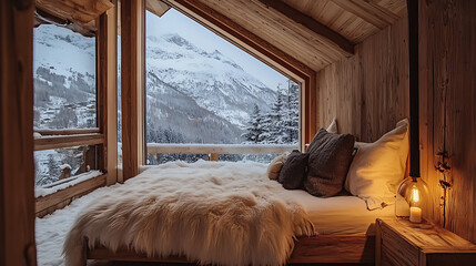 Aufkleber - Rustic interior design of modern bedroom in chalet with snow mountain view