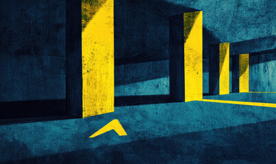 Poster - Geometric Abstract Interior with Bold Yellow and Deep Blue Contrast