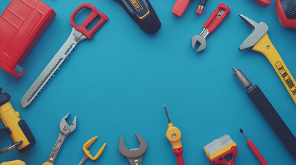 Poster - Various handy tools arranged on bright blue background with copy space, concept of diy, home improvement, and repair