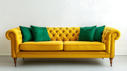 Wall Mural - Vibrant yellow tufted sofa with green cushions near stucco wall, interior design of modern living room