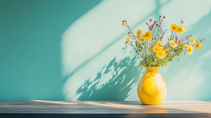 Poster - Wooden table with yellow vase with bouquet of field flowers near empty, blank turquoise wall, home interior background with copy space