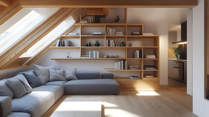 Wall Mural - Wooden shelving unit on white wall behind cozy sofa, scandinavian interior design of modern stylish living room in attic