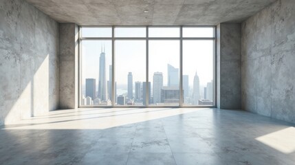 Poster - Vast Empty Room with City Skyline View from Floor-to-Ceiling Windows