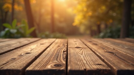 Poster - Rustic Wooden Tabletop with a Blurred Autumnal Background Perfect for Product Displays