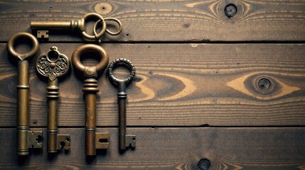 Aufkleber - Antique Keys on Rustic Wooden Surface A Collection of Vintage Locksmith Hardware