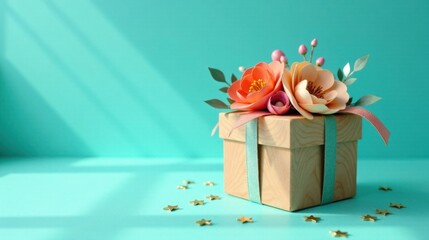 Aufkleber - A Light Wooden Gift Box Adorned with Delicate Paper Flowers and Gold Stars on a Teal Background