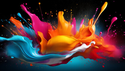 Poster - A vibrant splash of multicolored paint creates a dynamic and energetic visual effect against a dark background.