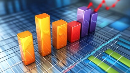 Poster - A vibrant D financial graph with rising bars and line charts, symbolizing economic growth and success, set against a futuristic digital background.