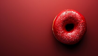 Wall Mural - A single red donut with white sprinkles on a red background.