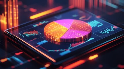 Poster - Multiple D pie charts hovering over a digital tablet, showcasing complex financial data and investment portfolios, with graphs and charts around the screen.
