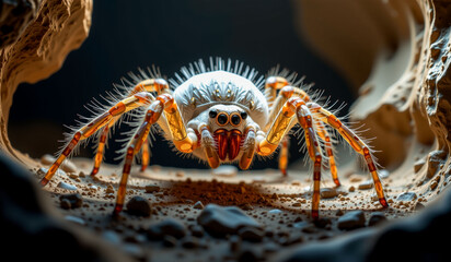 Wall Mural - white haired spider with yellow legs on rocky ground