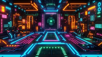 Aufkleber - Neon-lit futuristic corridor with glowing circuits and central panel.