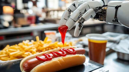 Wall Mural - a robot hand is pouring ketchup on a hot dog