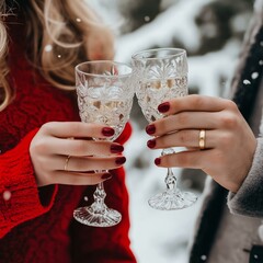 Wall Mural - Affectionate Couple Toasting with Champagne Glasses in Snowy Winter Scene, Affectionate Couple Toasting with Champagne Glasses in Snowy Win