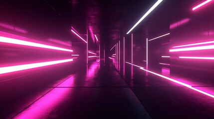 Poster - Futuristic pink and white neon lights illuminate a reflective corridor.