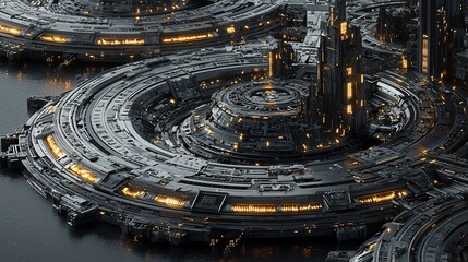 Poster - Futuristic city, circular structures, glowing lights, metallic texture, detailed design.