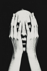 Poster - Monochrome Expression: Hands Covering Freckled Face in Dramatic Black and White Contrast