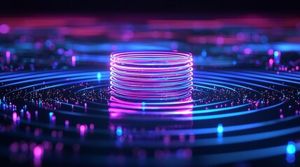 Poster - Glowing neon rings in a futuristic digital landscape.