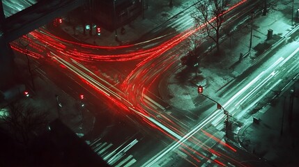 Wall Mural - Night city intersection with light trails.