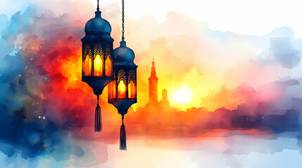 Sticker - Ramadan lanterns sunset city greeting card