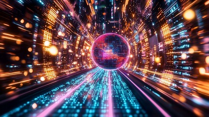 Aufkleber - Futuristic digital tunnel with glowing sphere.