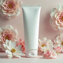 Wall Mural - A tube of white cream is sitting on a table next to a bunch of pink flowers. The flowers are arranged in a way that they surround the tube, creating a sense of harmony and balance