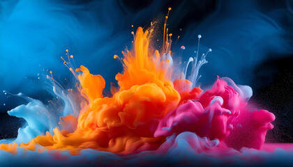 Poster - A vibrant explosion of colorful powders, blending shades of blue, orange, and pink, creating a dynamic and artistic visual effect.
