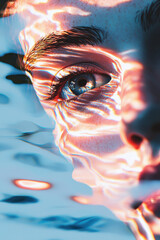 Poster - Vibrant Reflections on Water-Themed Abstract Portrait with Blue and Orange Highlight
