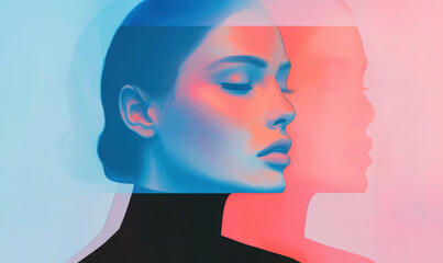 Poster - Digital Art Portrait with Dual Exposure in Vibrant Blue and Pink Hues