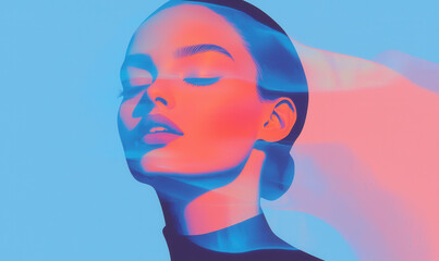 Poster - Vibrant Neon Portrait with Blue and Pink Highlights Capturing Calm Emotion