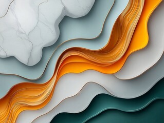 Poster - Captivating swirling lines of vibrant golden hues flow across a tranquil palette of muted grays pale blues and delicate whites forming a mesmerizing marble inspired abstract composition