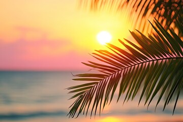 Wall Mural - Cross and palm leaf with sunset scene background. Palm Sunday Concept 
