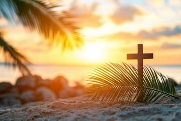 Wall Mural - Cross and palm leaf with sunset scene background. Palm Sunday Concept 