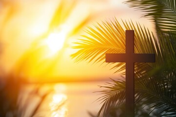 Wall Mural - Cross and palm leaf with sunset scene background. Palm Sunday Concept 