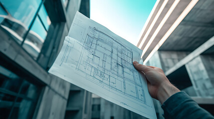 Poster - A closeup image of a hand holding project blueprint, with an industrial concrete building space visible in the background, suggesting a construction or architectural project in progress