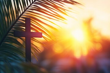 Wall Mural - Cross and palm leaf with sunset scene background. Palm Sunday Concept 