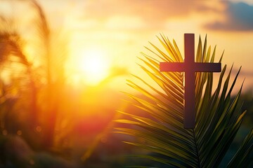 Wall Mural - Cross and palm leaf with sunset scene background. Palm Sunday Concept 
