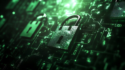 Poster - A data breach or unauthorized access to sensitive information, abstract tech background screen elements symbolize the complex nature of cybersecurity and the threats in the digital world