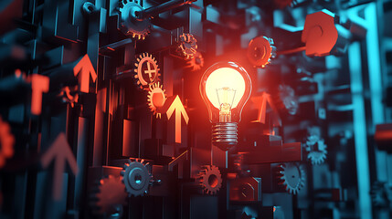 Poster - A dynamic array of arrows, gears and a glowing light bulb, symbolizing innovation, strategic thinking, and creative problem solving concepts