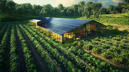 Wall Mural - A sustainable farm showcasing the innovative agrivoltaics concept, where solar panels are harmoniously integrated above crops to maximize land use for renewable energy and agriculture