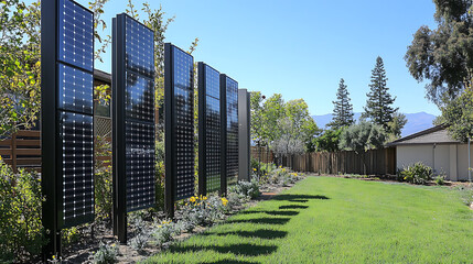 Poster - A vertical solar panel installation doubling as a fence, showcasing innovative and cost-effective renewable energy production for sustainable living
