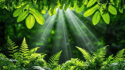 Wall Mural - A photostock of a lush green forest with sunbeams streaming through the canopy, symbolizing peace, renewal, and connection to nature. High Quality