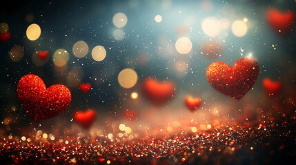 Poster - Abstract background for st, valentine's day, with red hearts and golden bokeh glitter