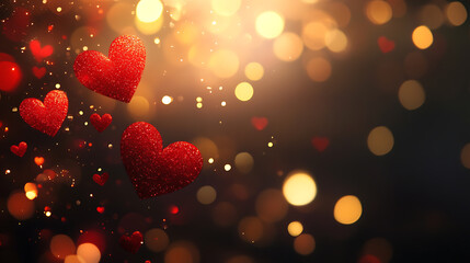 Poster - Abstract background for st, valentine's day, with red hearts and golden bokeh glitter
