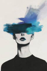 Poster - Abstract Portrait: Woman with Vibrant Blue and Turquoise Brushstrokes, Evoking Mystery and Creativity