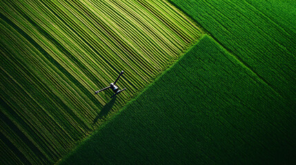 Poster - Agricultural drone flying over a lush green field, conducting precision farming with smart irrigation and remote sensing, while monitoring crop health, digitally driven agtech future
