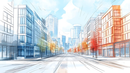 Aufkleber - An artistic conceptual sketch illustrating the development of an urban cityscape, featuring a street lined with buildings, representing architectural planning and urban growth